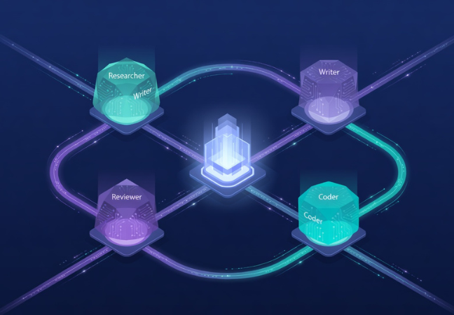 A futuristic digital workspace with multiple glowing AI agent nodes